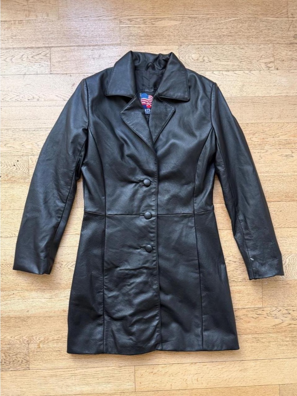 Vintage Black Genuine Leather Longline Button Up Jacket